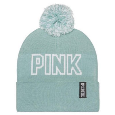 NWT VICTORIAS SECRET PINK Logo Beanie Winter Hat Teal Pom Pom BRAND NEW ~ Cute  eb-52303870